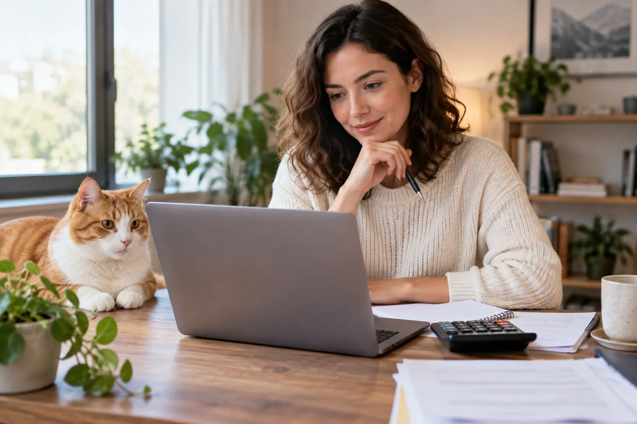 Owner using a laptop with an orange-and-white cat beside it