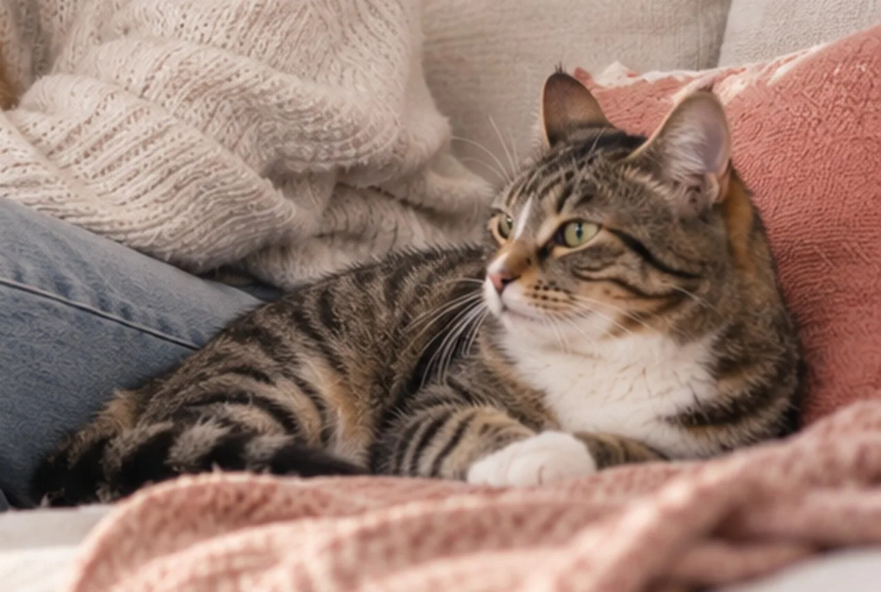 Tabby cat resting beside its owner on a pink knitted blanket
